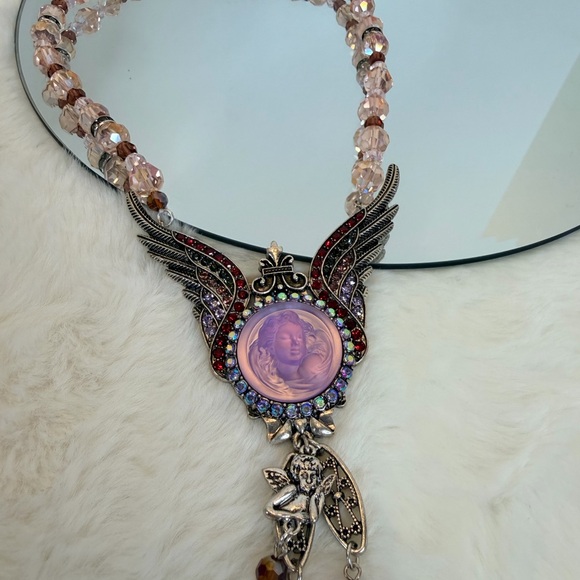 Kirks Folly Purple Cherub Cameo Necklace with Silver and Red Rhinestone Accents - Picture 6 of 7